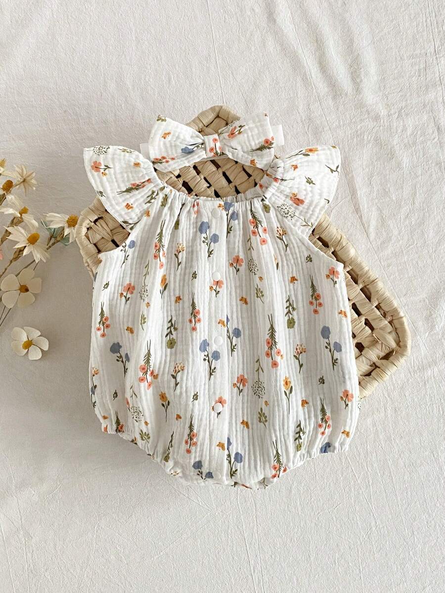 Baby Floral and Grass Print Ruffle Sleeve Romper with Headband for Summer Outings