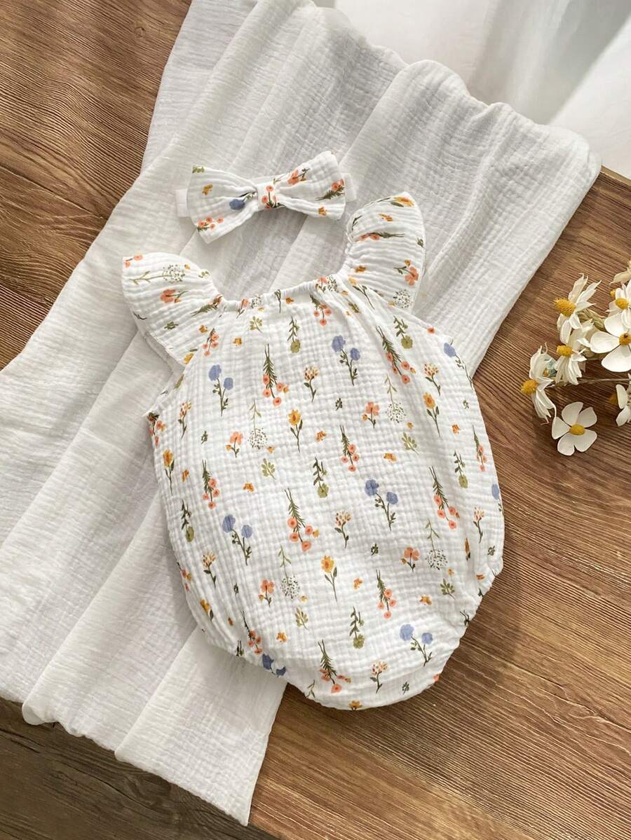 Lemon Print Ruffle Trim Bodysuit and Headband Set for Cute Summer Daily Wear
