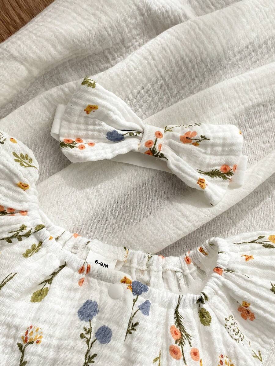 Lemon Print Ruffle Trim Bodysuit and Headband Set for Cute Summer Daily Wear
