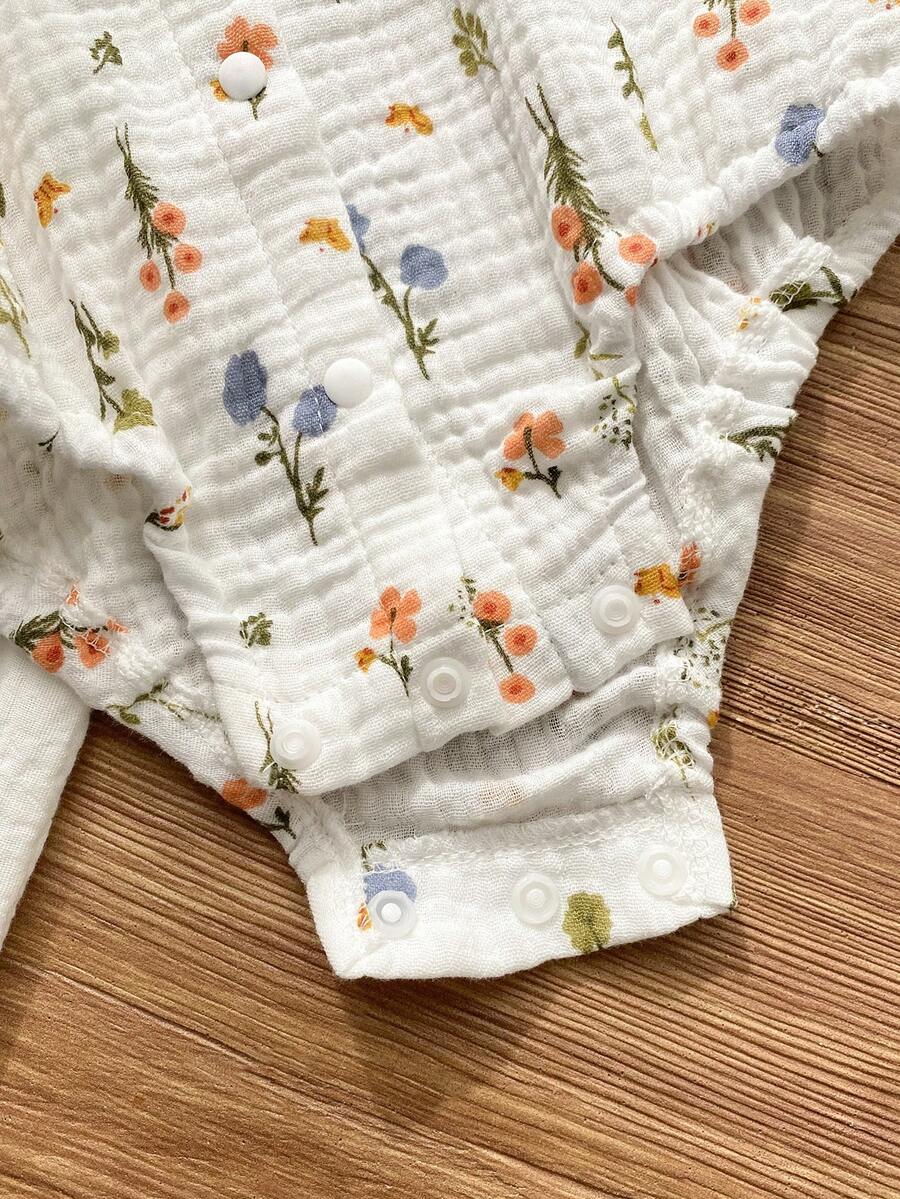 Baby Floral and Grass Print Ruffle Sleeve Romper with Headband for Summer Outings