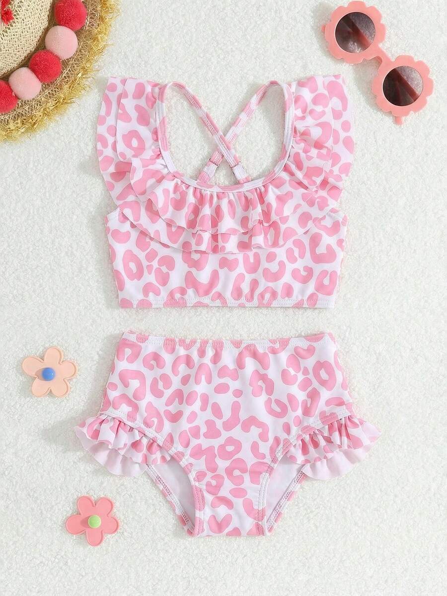 Baby Girls Leopard Print Bikini Set With Ruffle Trim Cute Summer Swimwear
