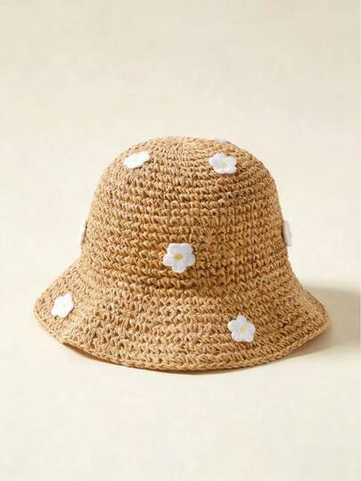 Straw Flower Trim Sun Hat for Kids Summer Outdoor Wear