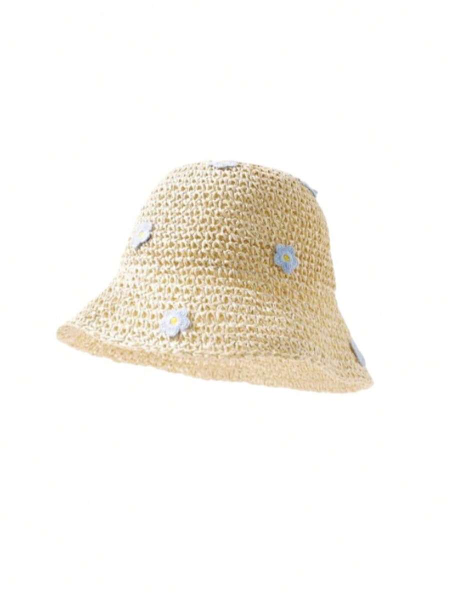 Straw Flower Trim Sun Hat for Kids Summer Outdoor Wear