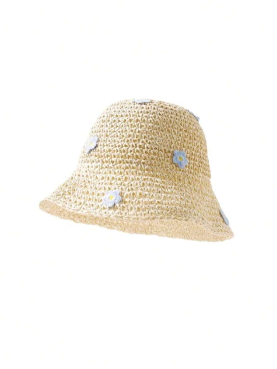 Straw Flower Trim Sun Hat for Kids Summer Outdoor Wear