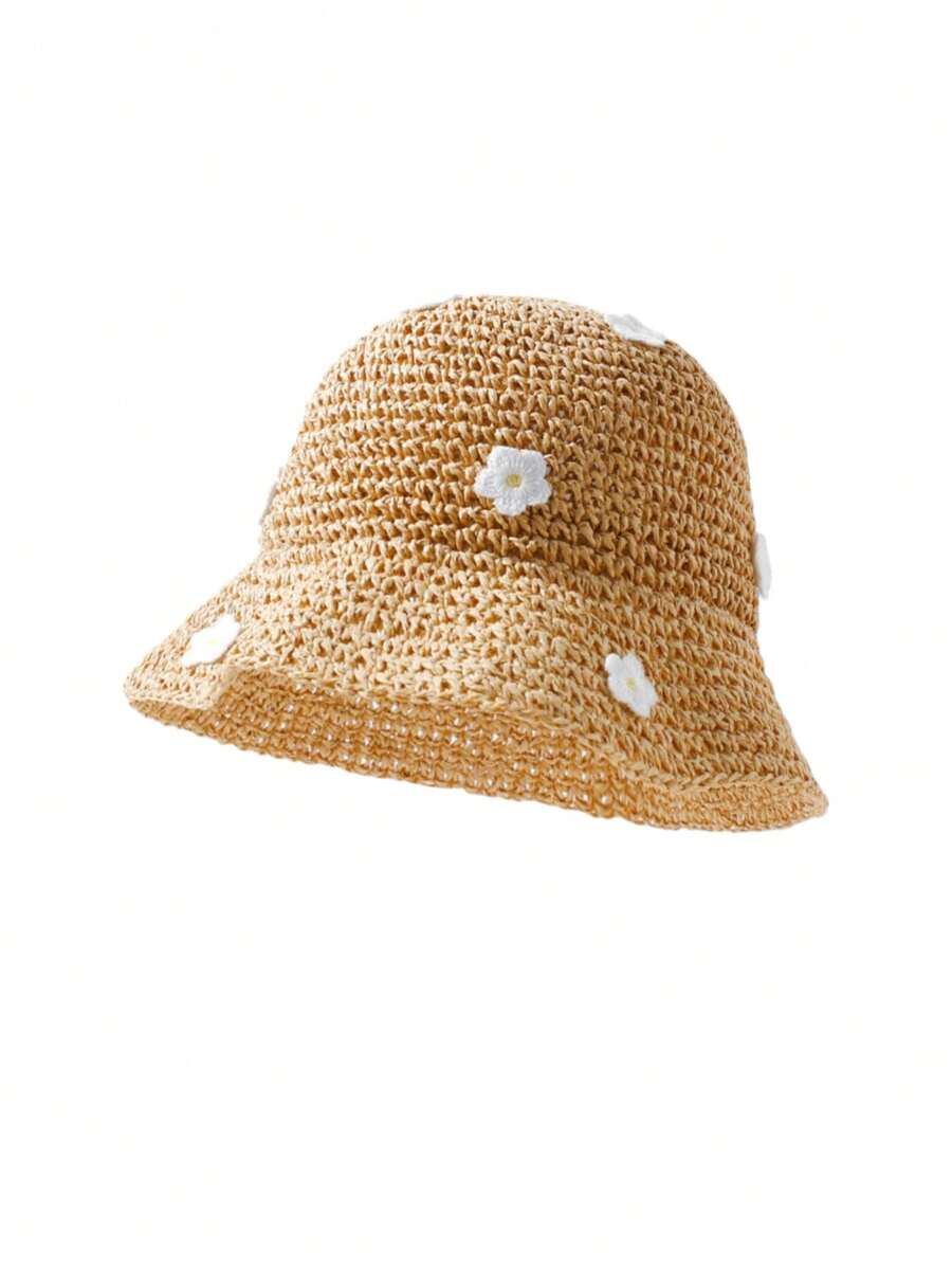Straw Flower Trim Sun Hat for Kids Summer Outdoor Wear