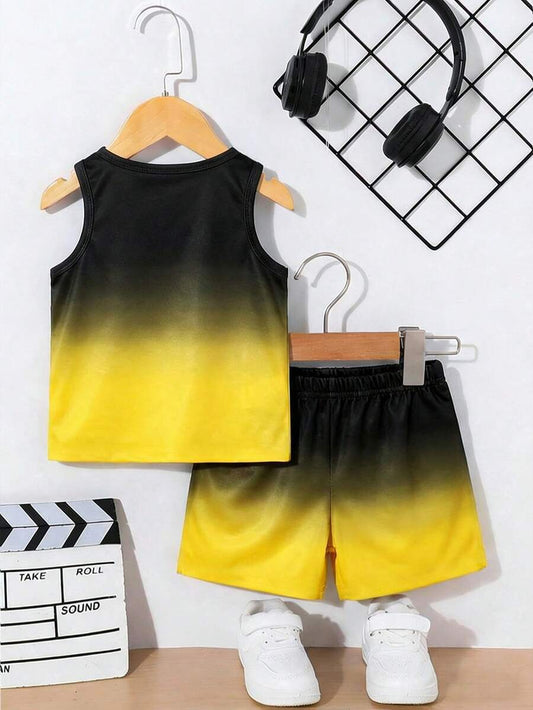Baby Boy Gradient Logo Print Tank Top and Shorts 2 Piece Casual Summer Outfit Set