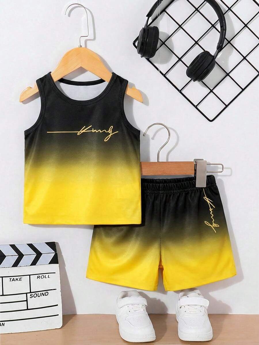 Baby Boy Gradient Logo Print Tank Top and Shorts 2 Piece Casual Summer Outfit Set