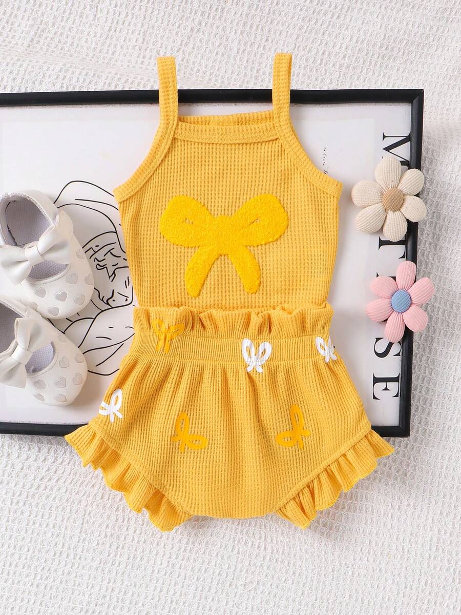 2pcs Embroidered Strap Bodysuit And Shorts Set Lightweight Summer Outfit For Baby Girls