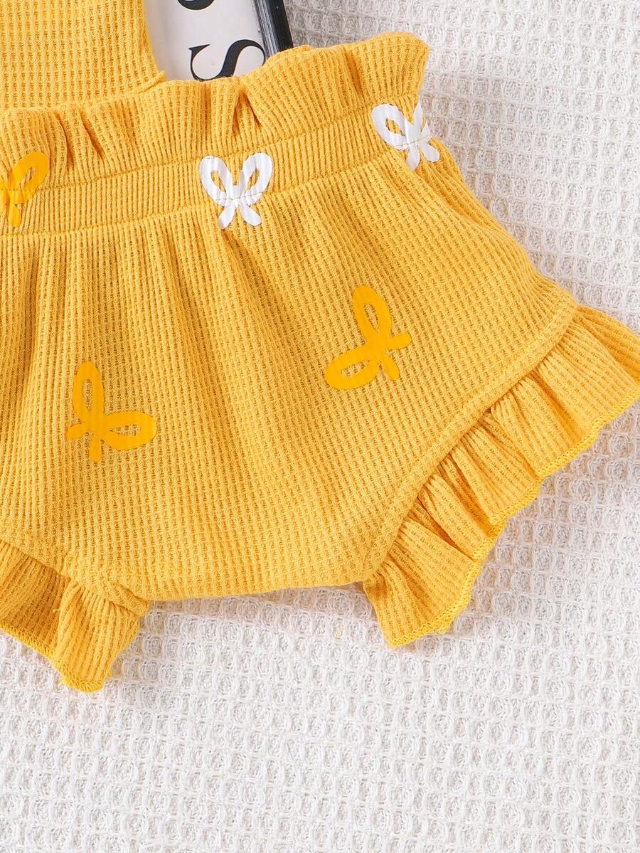 2pcs Embroidered Strap Bodysuit And Shorts Set Lightweight Summer Outfit For Baby Girls