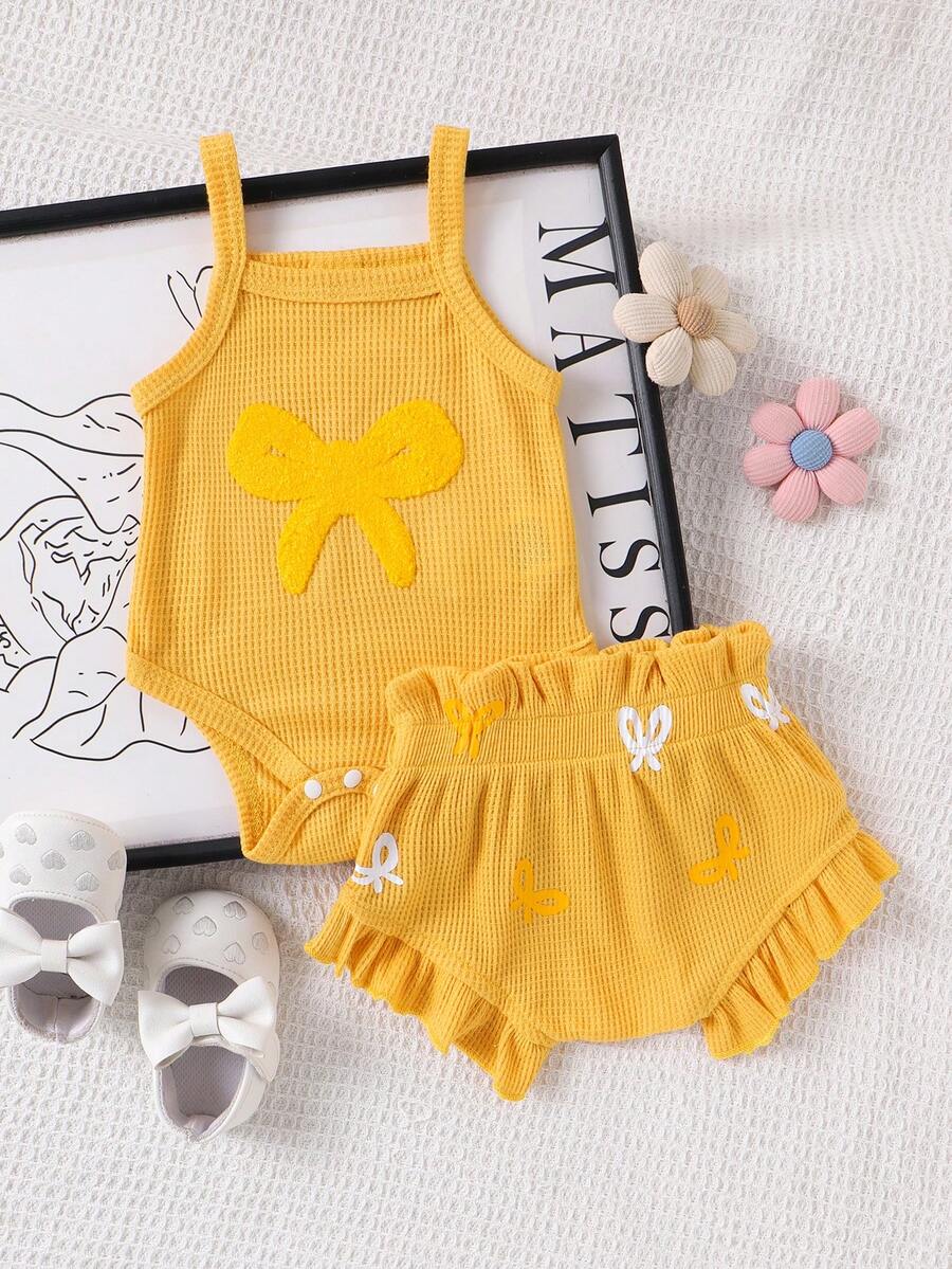 2pcs Embroidered Strap Bodysuit And Shorts Set Lightweight Summer Outfit For Baby Girls