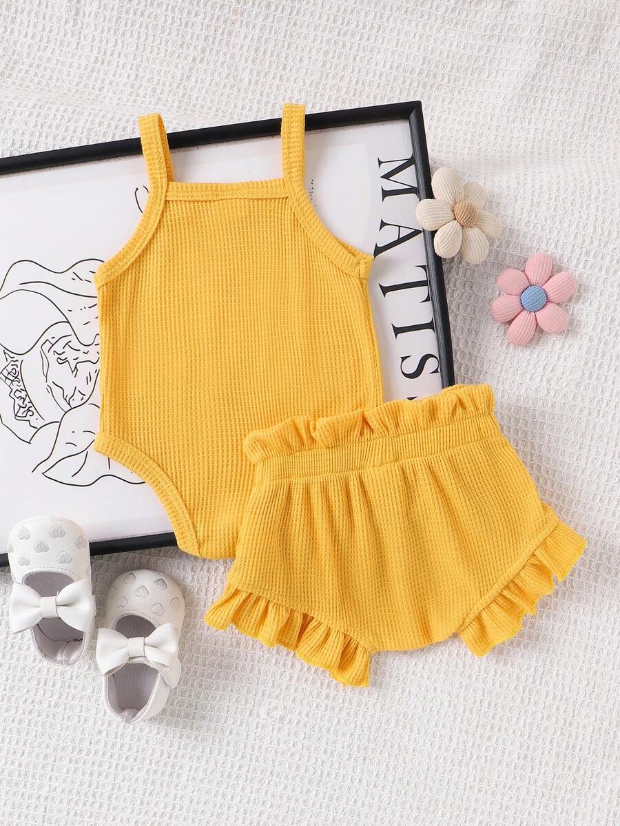 2pcs Embroidered Strap Bodysuit And Shorts Set Lightweight Summer Outfit For Baby Girls