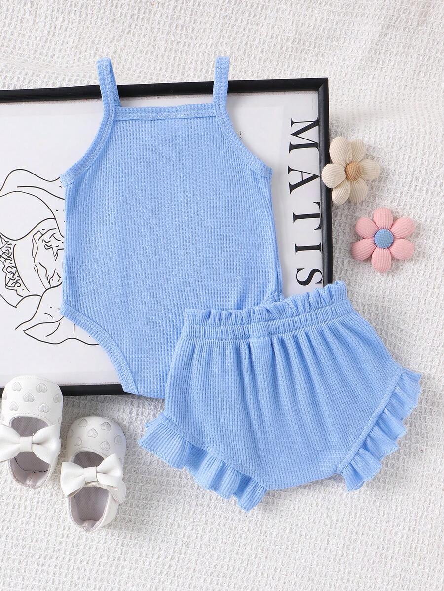 2pcs Embroidered Strap Bodysuit And Shorts Set Lightweight Summer Outfit For Baby Girls