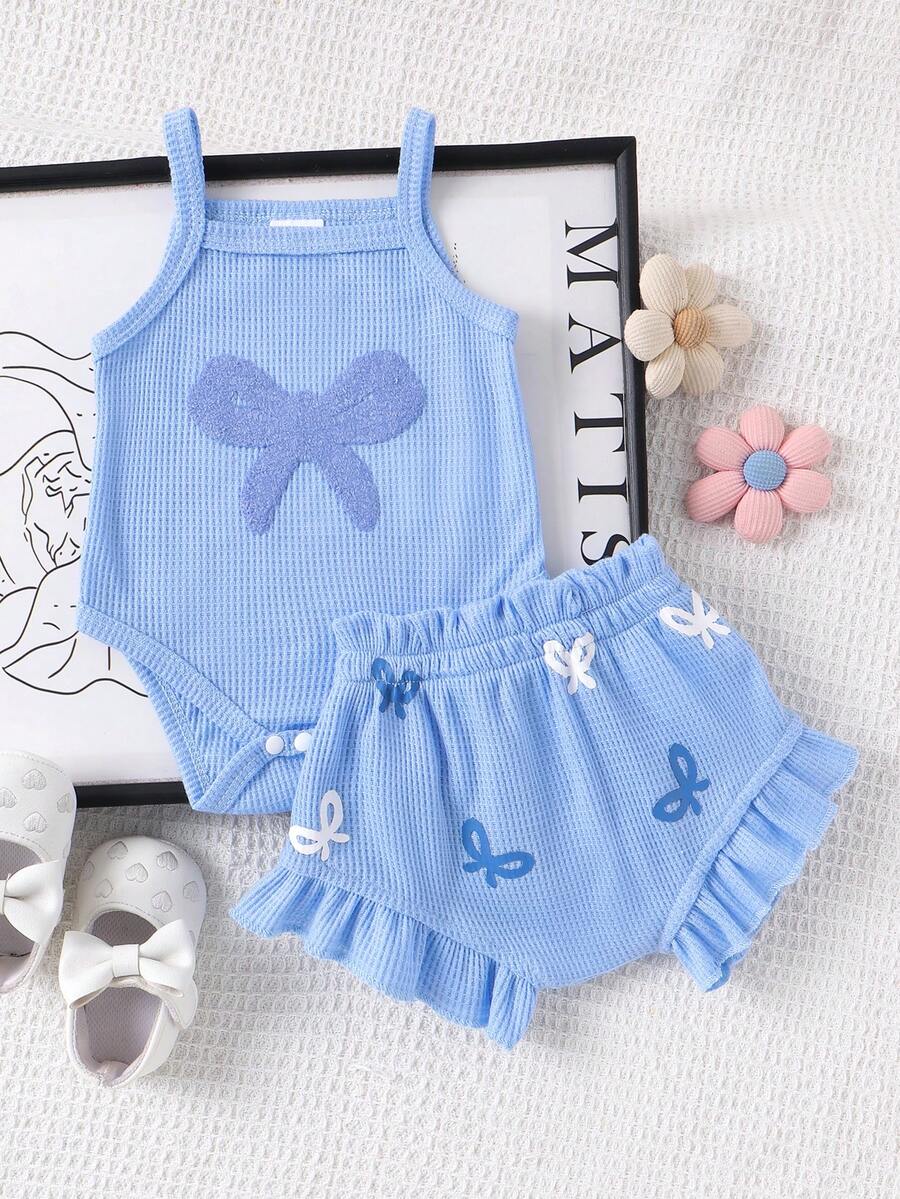 2pcs Embroidered Strap Bodysuit And Shorts Set Lightweight Summer Outfit For Baby Girls