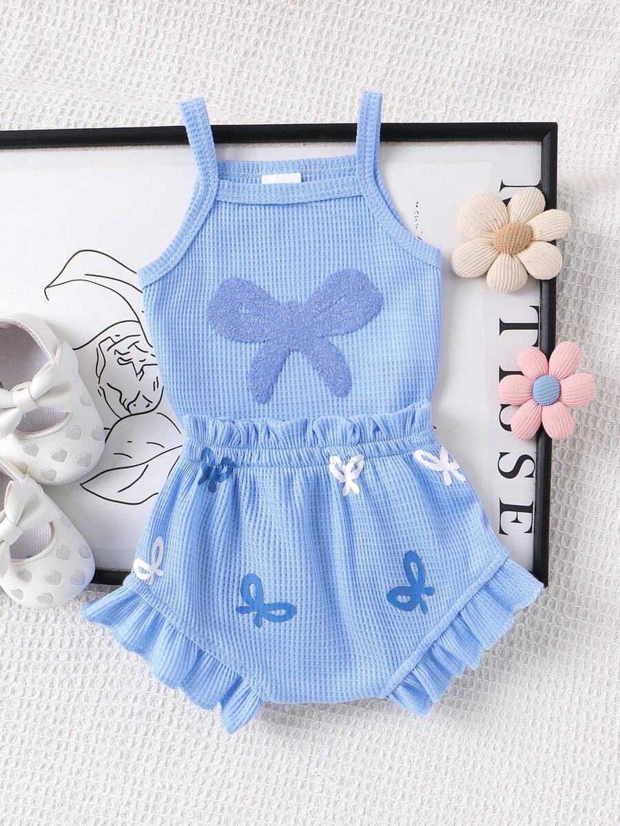 2pcs Embroidered Strap Bodysuit And Shorts Set Lightweight Summer Outfit For Baby Girls