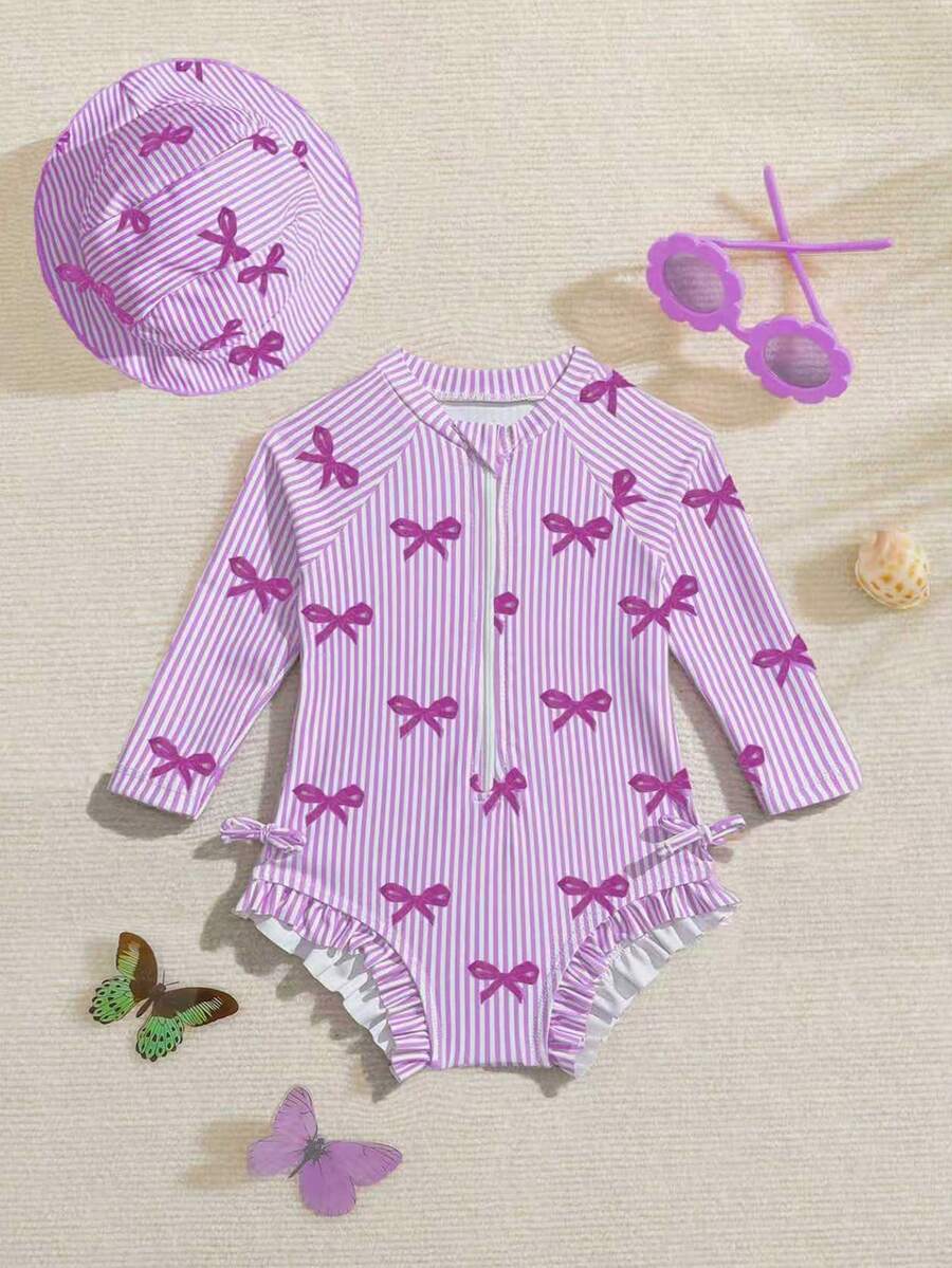 Baby Bow Print Long Sleeve One-Piece Swimsuit Set with Matching Swim Cap