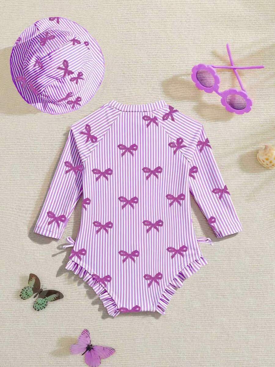 Baby Bow Print Long Sleeve One-Piece Swimsuit Set with Matching Swim Cap