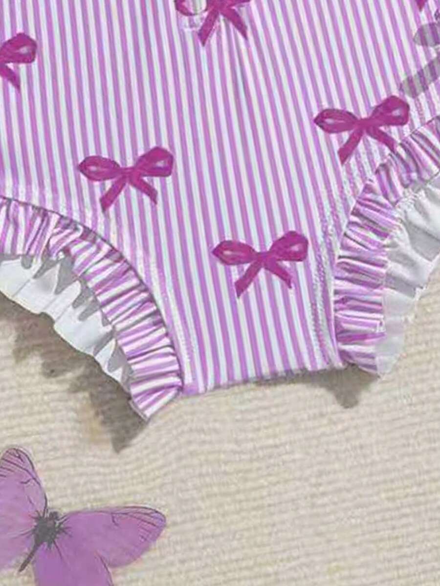 Baby Bow Print Long Sleeve One-Piece Swimsuit Set with Matching Swim Cap