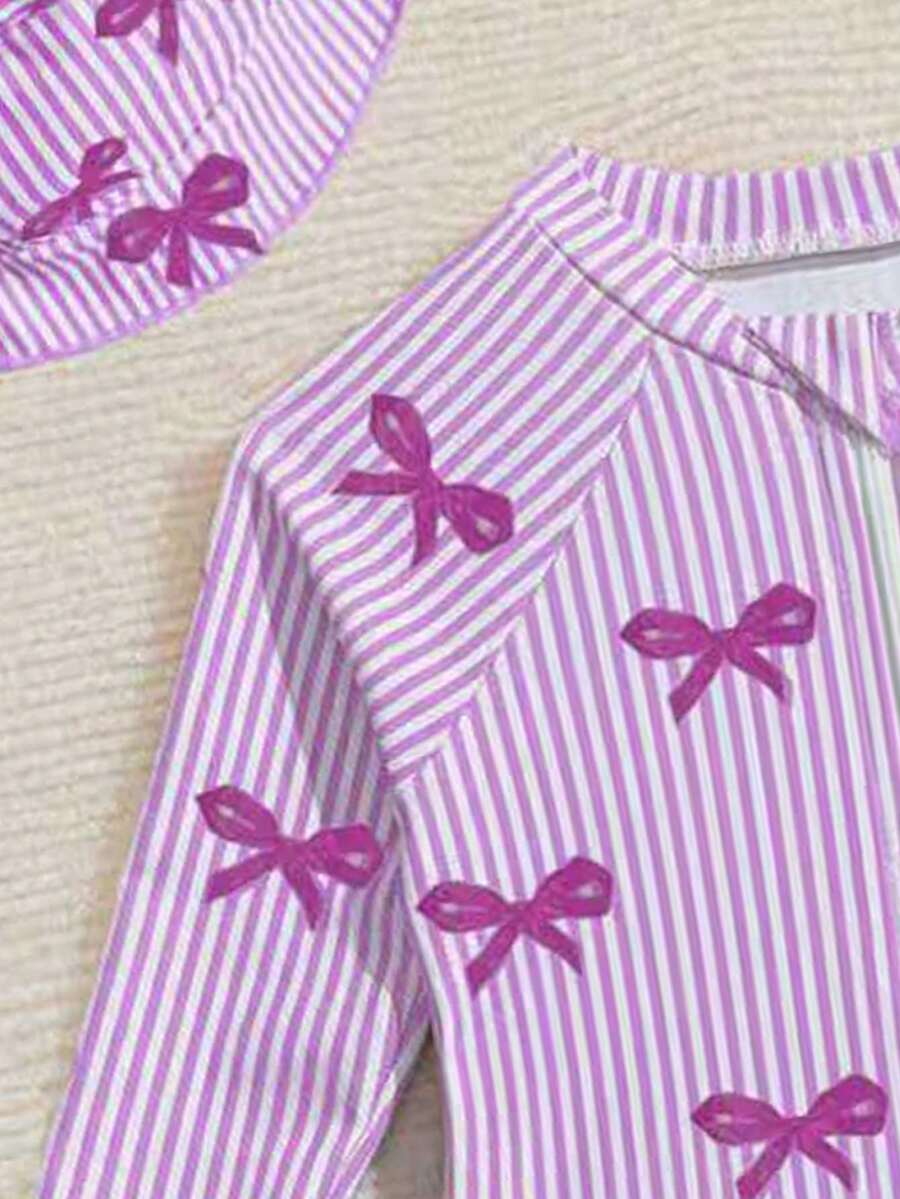 Baby Bow Print Long Sleeve One-Piece Swimsuit Set with Matching Swim Cap
