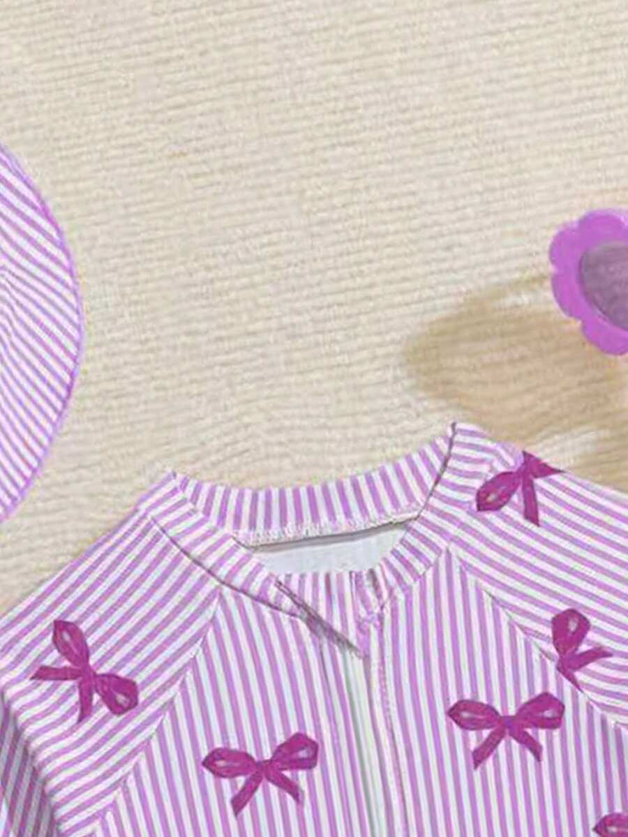 Baby Bow Print Long Sleeve One-Piece Swimsuit Set with Matching Swim Cap