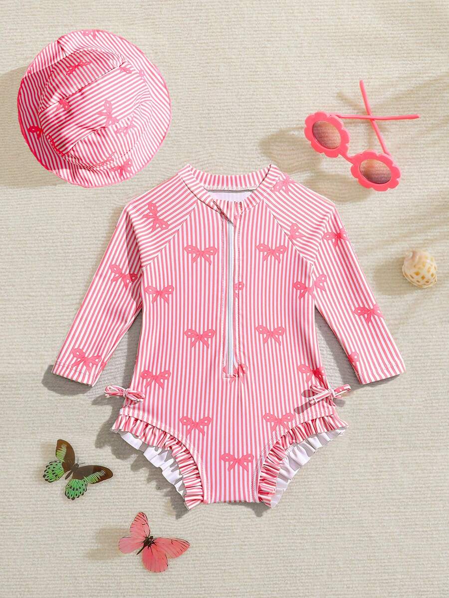 Baby Bow Print Long Sleeve One-Piece Swimsuit Set with Matching Swim Cap