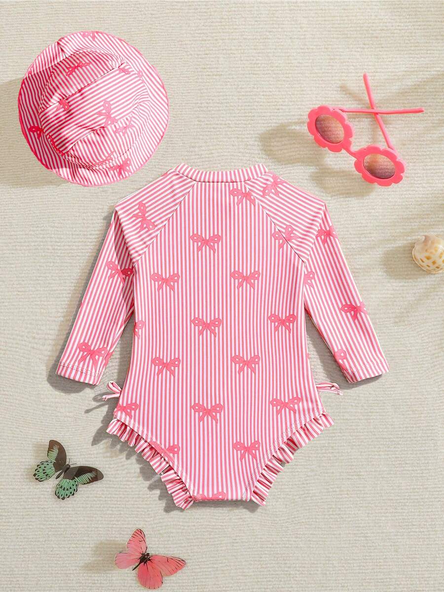 Baby Bow Print Long Sleeve One-Piece Swimsuit Set with Matching Swim Cap