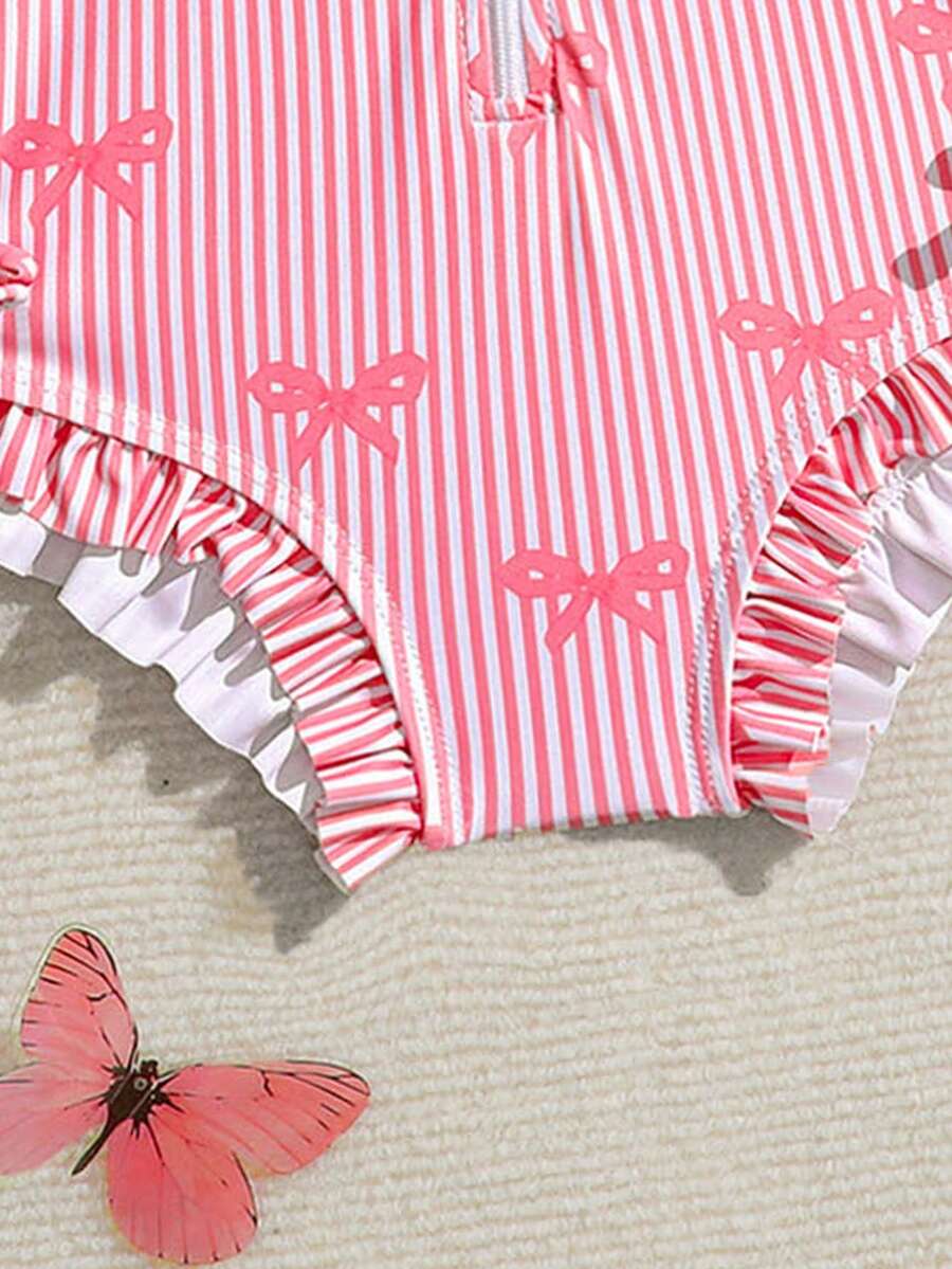 Baby Bow Print Long Sleeve One-Piece Swimsuit Set with Matching Swim Cap