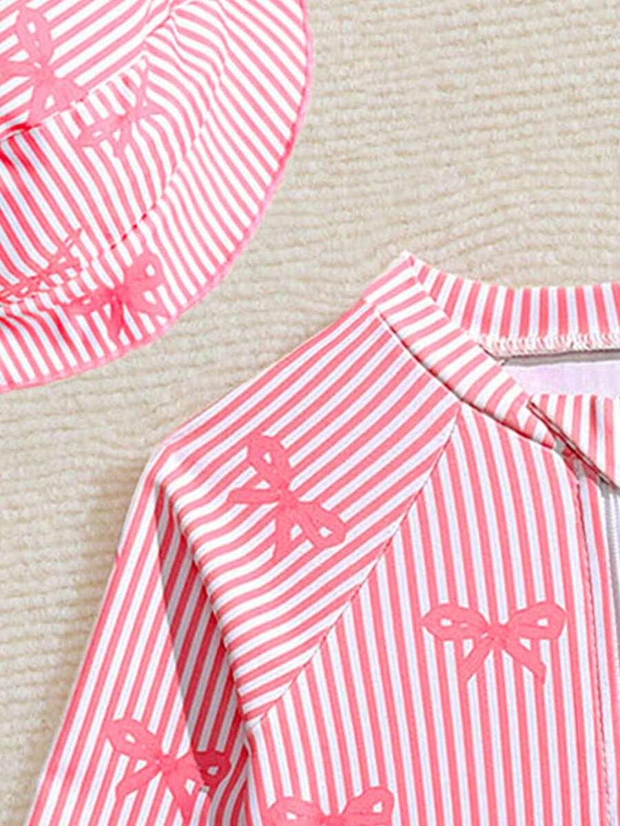 Baby Bow Print Long Sleeve One-Piece Swimsuit Set with Matching Swim Cap