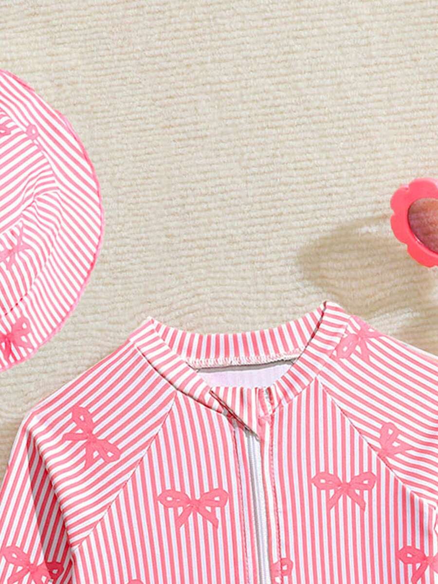 Baby Bow Print Long Sleeve One-Piece Swimsuit Set with Matching Swim Cap