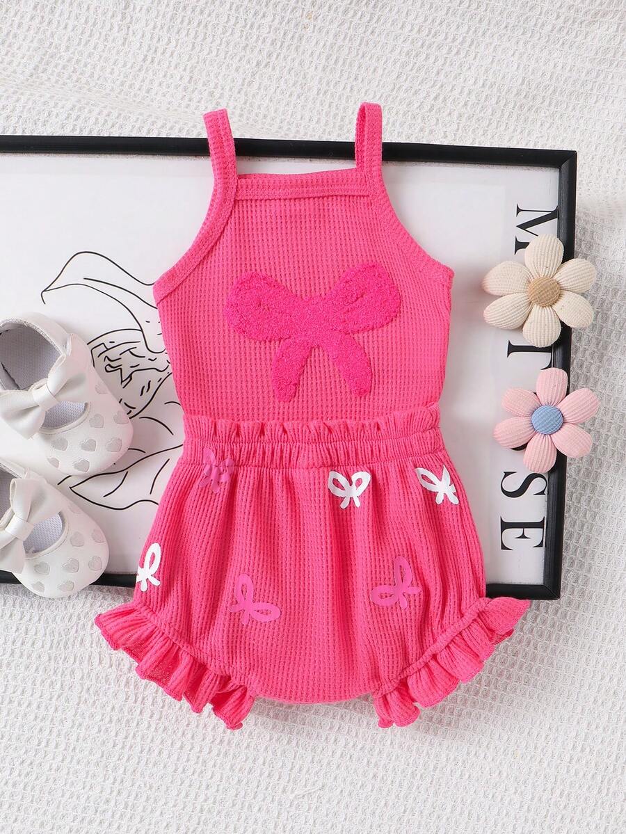 2pcs Embroidered Strap Bodysuit And Shorts Set Lightweight Summer Outfit For Baby Girls