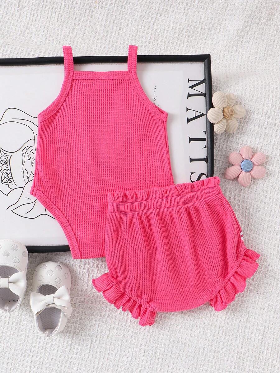 2pcs Embroidered Strap Bodysuit And Shorts Set Lightweight Summer Outfit For Baby Girls