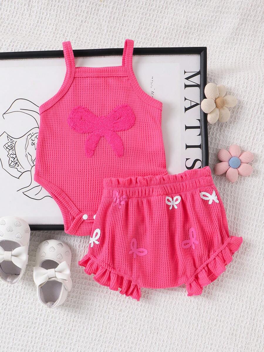 2pcs Embroidered Strap Bodysuit And Shorts Set Lightweight Summer Outfit For Baby Girls