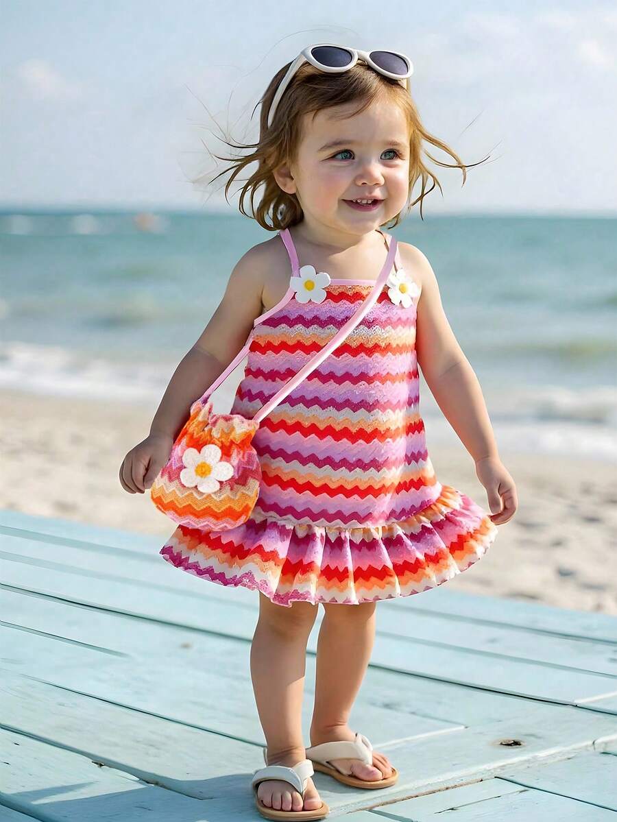 Floral Suspender Dress with Matching Bag, 2-Piece Set for Baby Girls