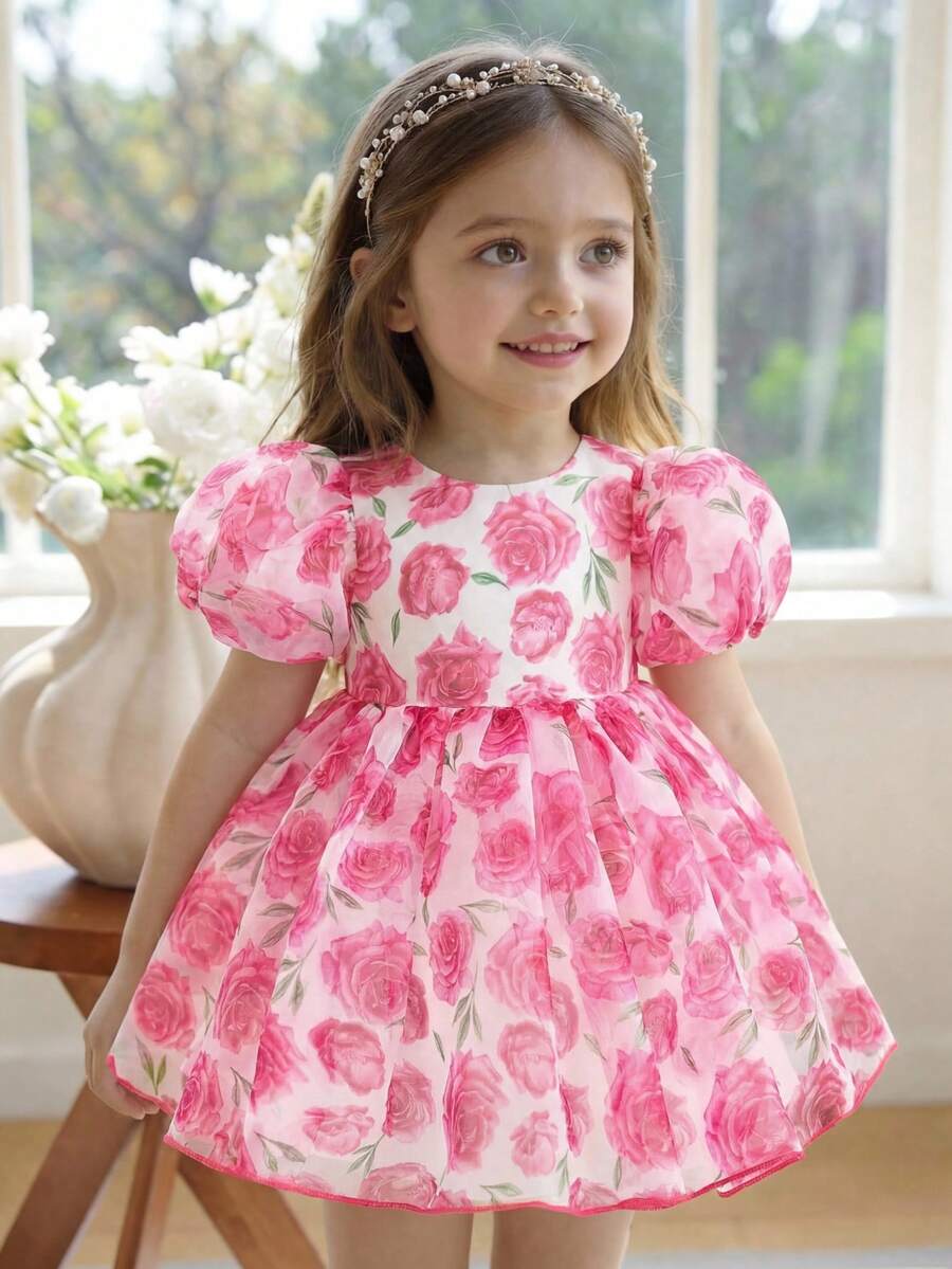 Pink Floral Mesh Embroidered Short Sleeve Dress for Baby Girls
