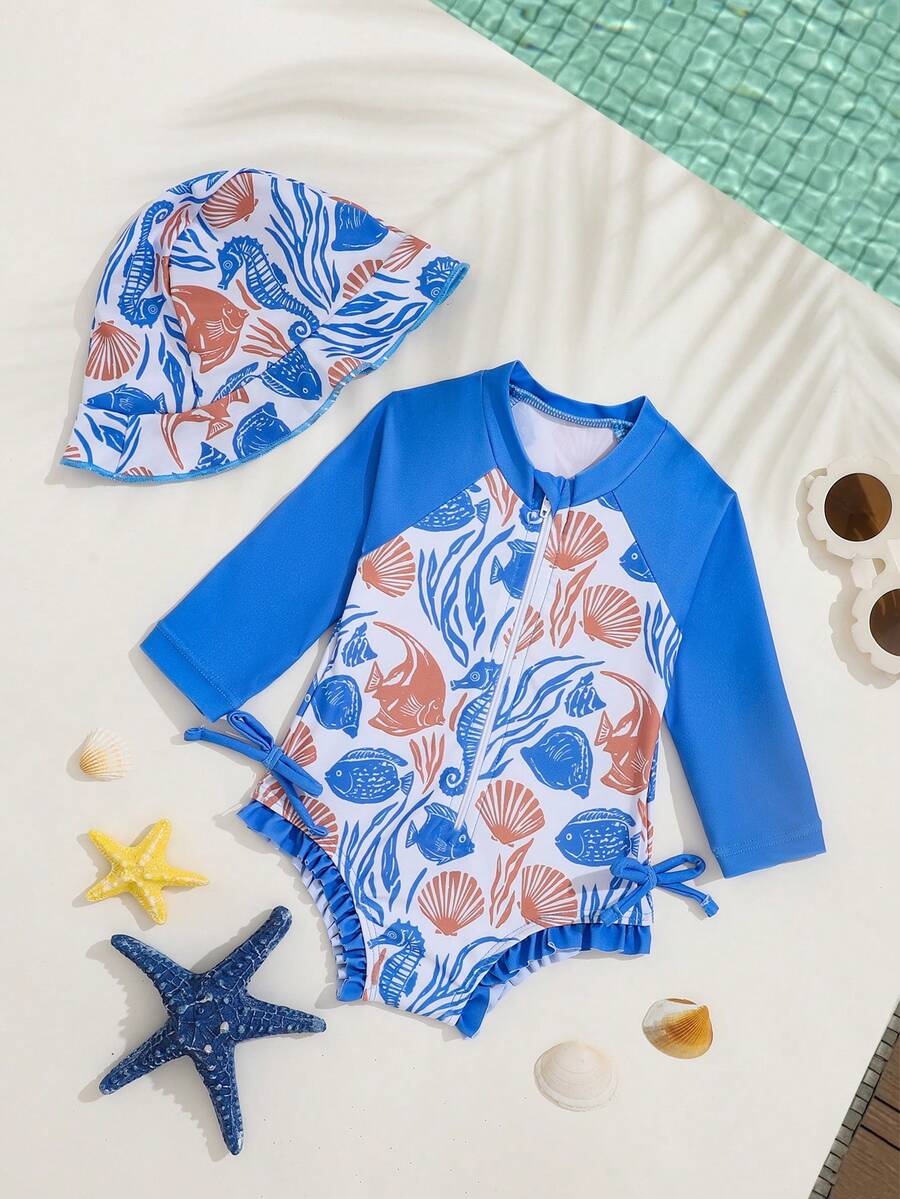 Baby Bow Print Long Sleeve One-Piece Swimsuit Set with Matching Swim Cap