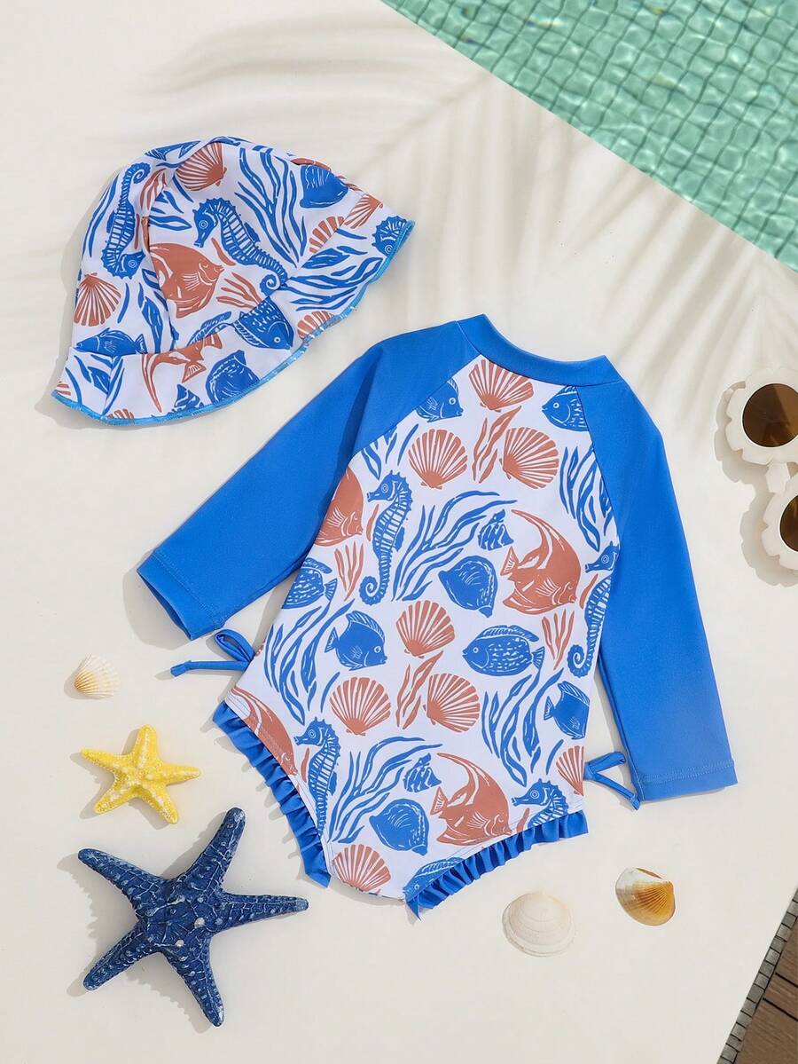 Baby Bow Print Long Sleeve One-Piece Swimsuit Set with Matching Swim Cap
