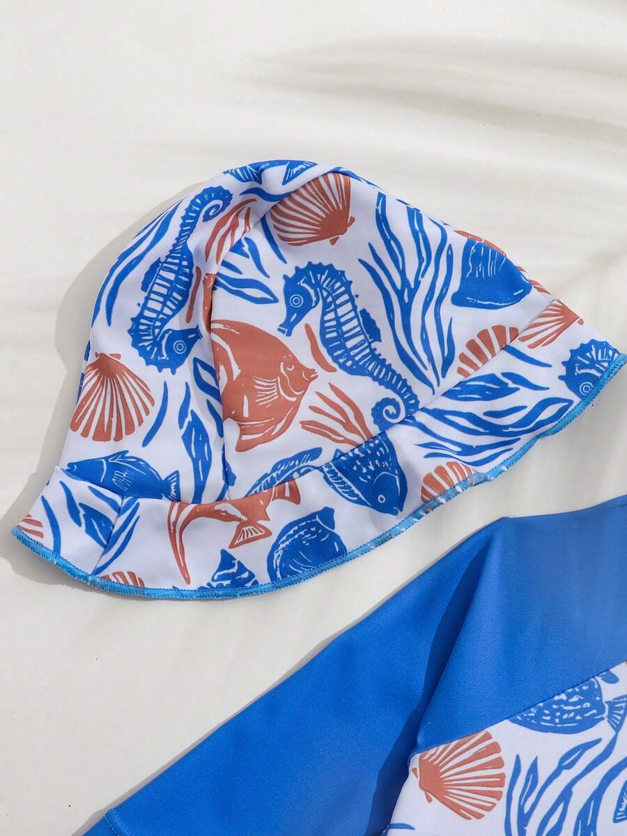 Baby Bow Print Long Sleeve One-Piece Swimsuit Set with Matching Swim Cap