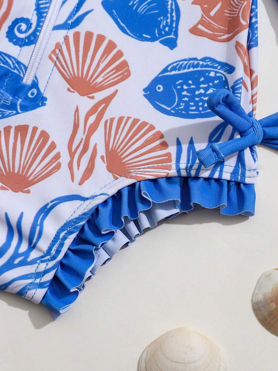 Baby Bow Print Long Sleeve One-Piece Swimsuit Set with Matching Swim Cap