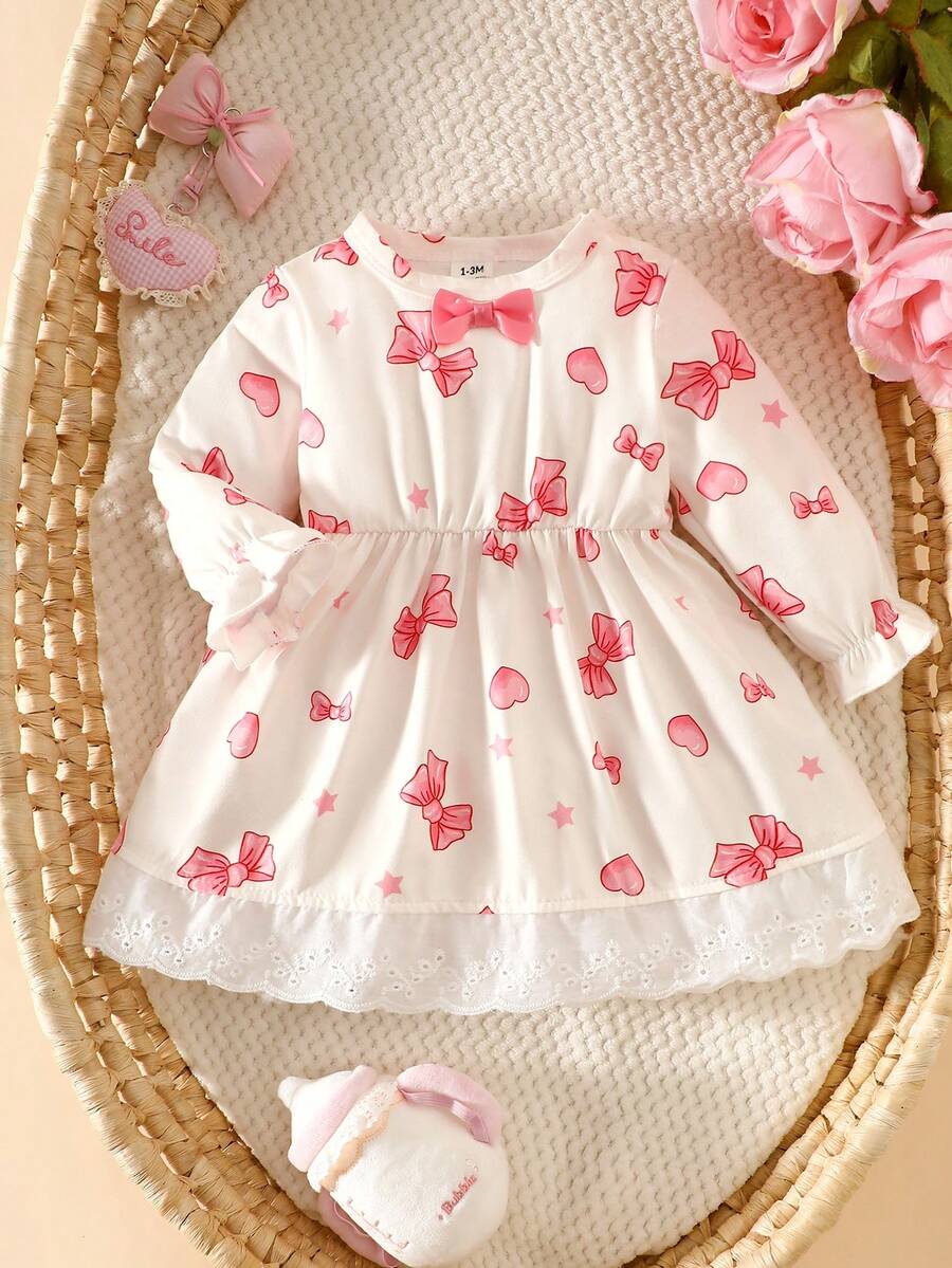 Baby Pink Heart Knit Dress with 3D Bow for Cute Daily and Outdoor Wear