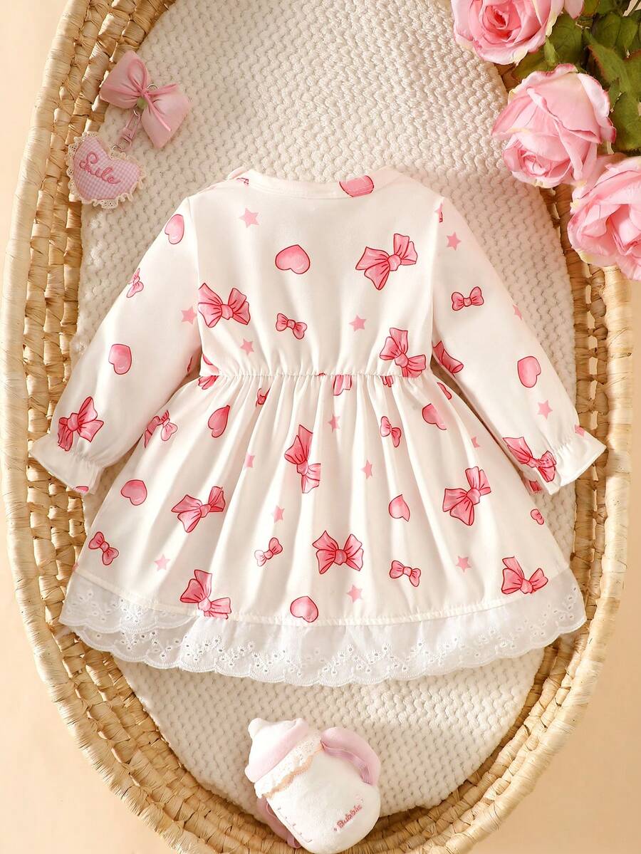 Baby Pink Heart Knit Dress with 3D Bow for Cute Daily and Outdoor Wear