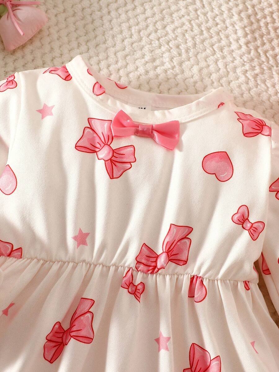 Baby Pink Heart Knit Dress with 3D Bow for Cute Daily and Outdoor Wear