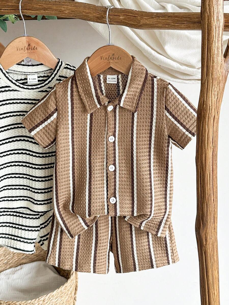 Infant Baby Boy Green White Striped Waffle Knit Polo Shirt and Shorts 2 Piece Casual Outfit Set
