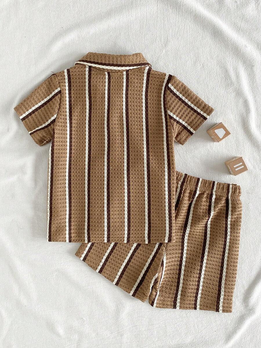 Infant Baby Boy Green White Striped Waffle Knit Polo Shirt and Shorts 2 Piece Casual Outfit Set