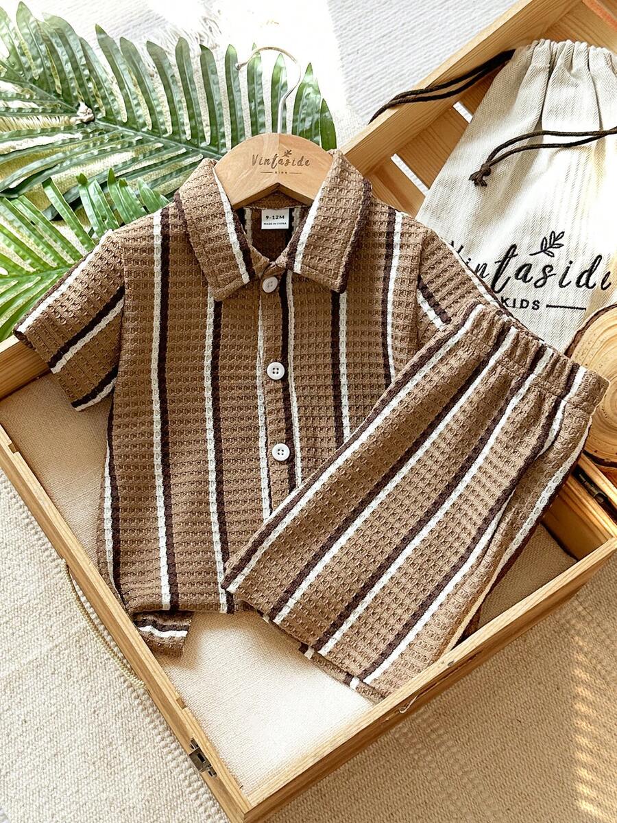 Infant Baby Boy Green White Striped Waffle Knit Polo Shirt and Shorts 2 Piece Casual Outfit Set