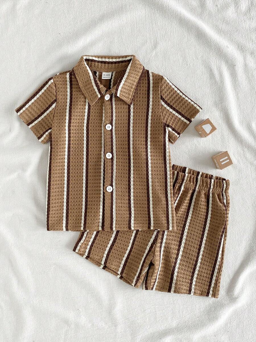 Infant Baby Boy Green White Striped Waffle Knit Polo Shirt and Shorts 2 Piece Casual Outfit Set
