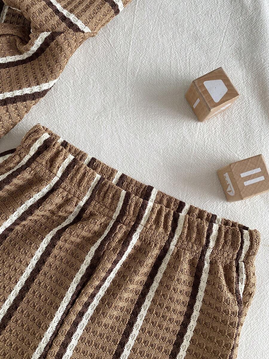 Infant Baby Boy Green White Striped Waffle Knit Polo Shirt and Shorts 2 Piece Casual Outfit Set
