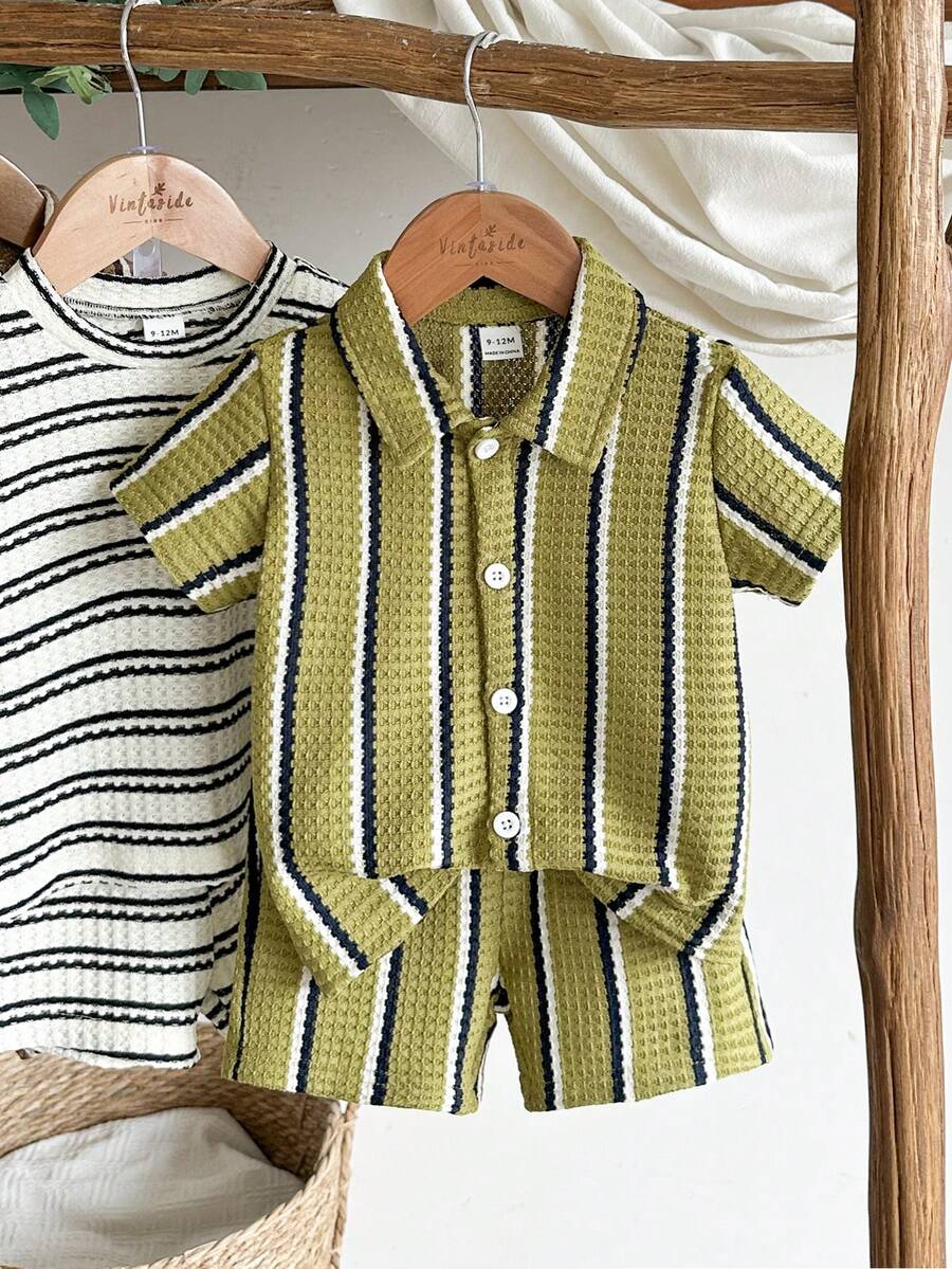Infant Baby Boy Green White Striped Waffle Knit Polo Shirt and Shorts 2 Piece Casual Outfit Set