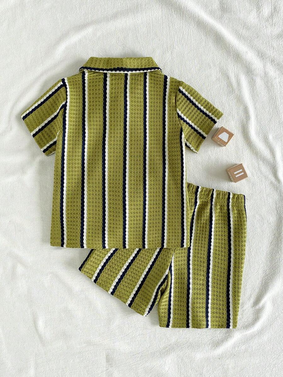Infant Baby Boy Green White Striped Waffle Knit Polo Shirt and Shorts 2 Piece Casual Outfit Set