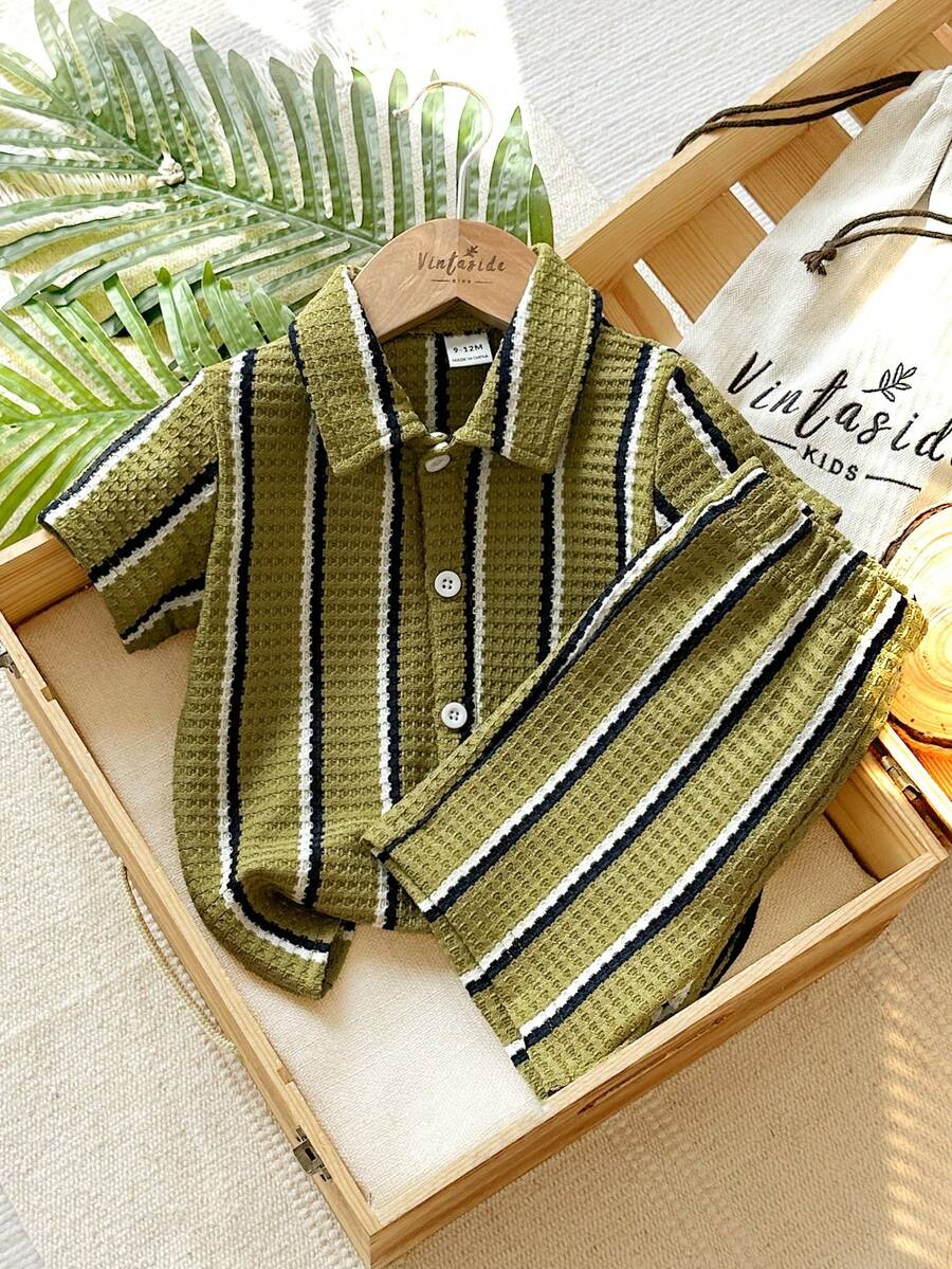 Infant Baby Boy Green White Striped Waffle Knit Polo Shirt and Shorts 2 Piece Casual Outfit Set