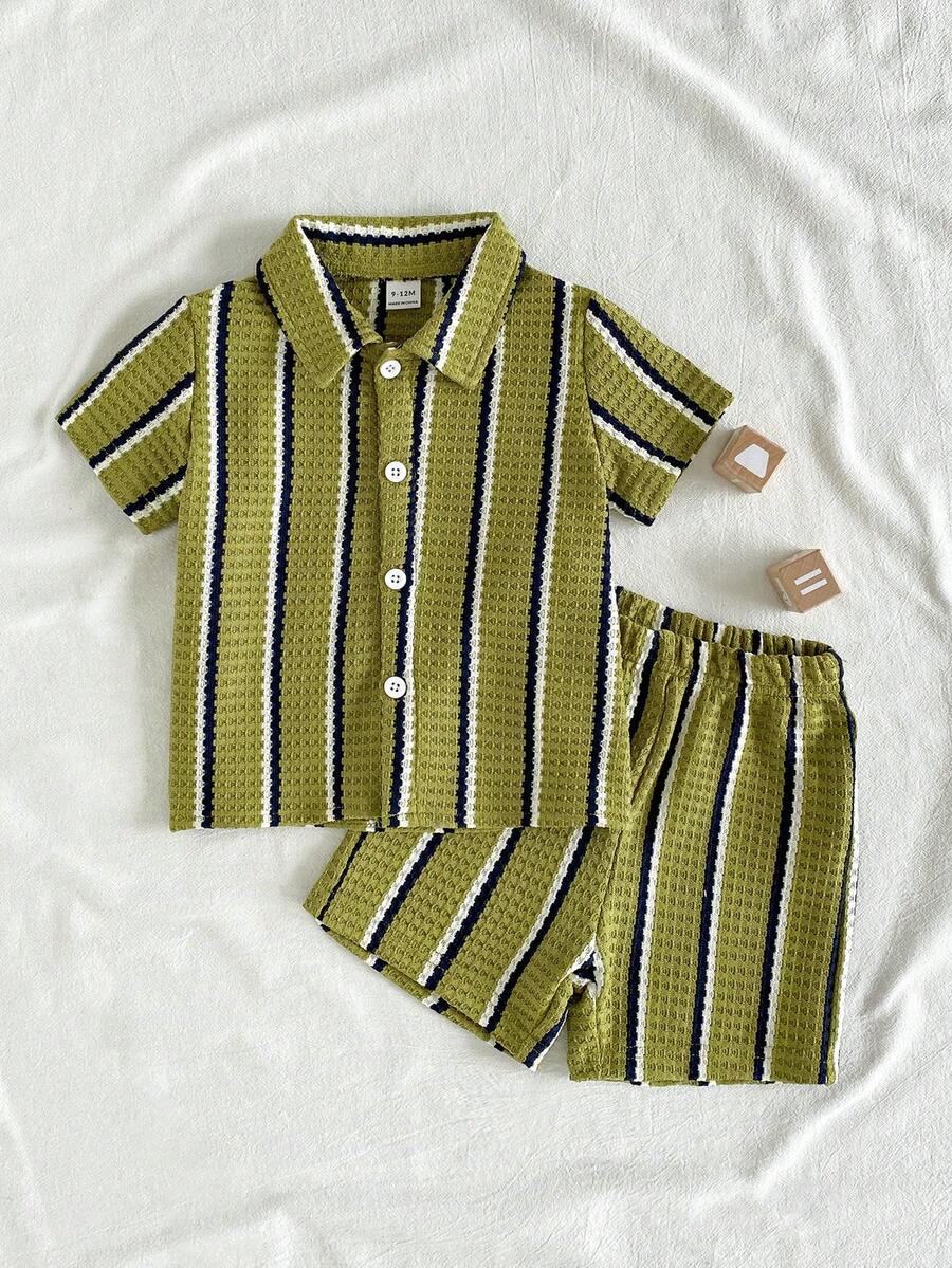 Infant Baby Boy Green White Striped Waffle Knit Polo Shirt and Shorts 2 Piece Casual Outfit Set