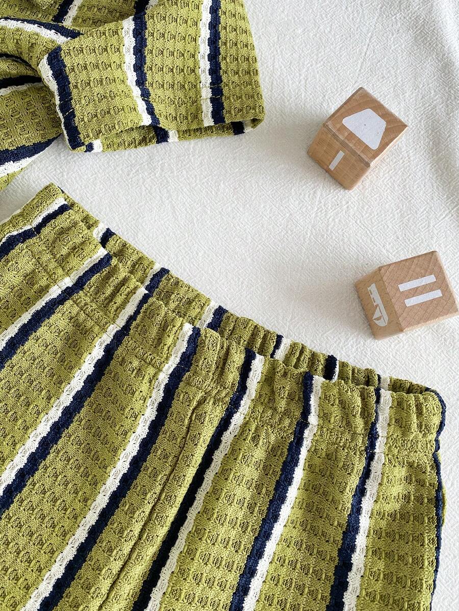 Infant Baby Boy Green White Striped Waffle Knit Polo Shirt and Shorts 2 Piece Casual Outfit Set